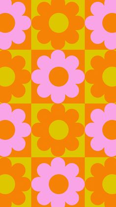 an orange and pink flower pattern on a checkerboard background, with the same color as the flowers