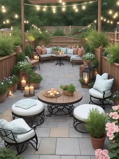 an outdoor seating area with lights strung over it