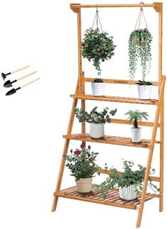 a wooden plant stand with potted plants and gardening utensils hanging from it