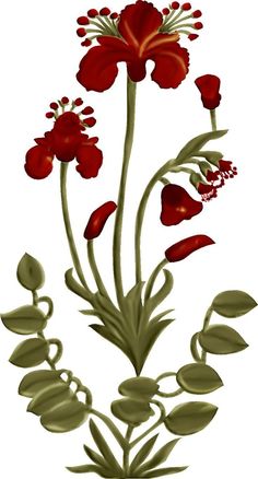 red flowers with green leaves and buds on a white background, in an artistic manner