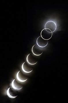 the moon is lit up in the dark sky as it passes through an eclipse ring