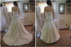 two pictures of a woman in a wedding dress