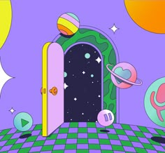 an open door with planets surrounding it