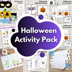 halloween activity pack for kids with pictures and words