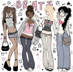 three girls standing next to each other with the words bratz written on their backs