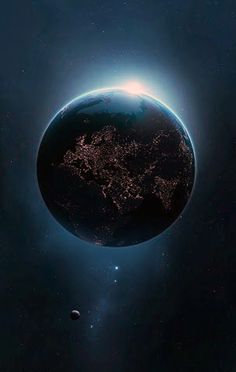 an artist's rendering of the earth in space, with bright lights shining on it