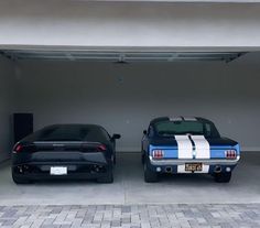 two cars parked in a garage with their hoods down and one has a white stripe on it