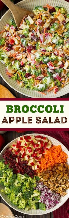 broccoli and apple salad is shown in two separate pans with the same topping