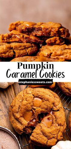 pumpkin caramel cookies are stacked on top of each other with the words pumpkin caramel cookies above them