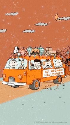 an orange van filled with cartoon characters driving down the road in front of a full moon