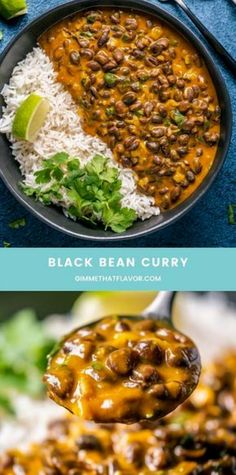 black bean curry in a bowl with rice and garnished with cilantro