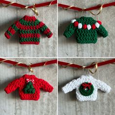 crocheted christmas sweaters hanging on a red ribbon