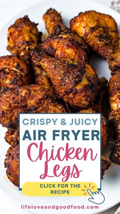 crispy and juicy air fryer chicken legs on a white plate with a sign