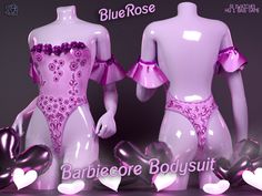 two mannequins are dressed up in pink and purple outfits with hearts on them