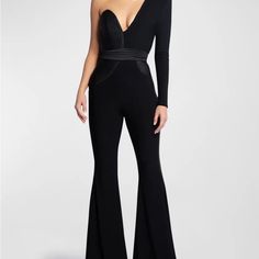 Zhivago "It's No Game" Jumpsuit Featuring A One-Shoulder Neckline And Ribbed Satin Details Throughout In A Polyester-Blend Long Sleeves; Shoulder Pads Slim Fit Flared Legs Full Length Side Zipper Polyester/Elastane Dry Clean Imported Black Halter Jumpsuit, Flared Jumpsuit, Flare Jumpsuit, Halter Jumpsuit, Black Halter, White Jumpsuit, Shoulder Pads, Side Zipper, Pant Jumpsuit