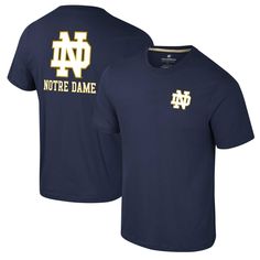 Notre Dame Fighting Irish pride is easy to see in this Logo Lockup 2-Hit T-Shirt from Colosseum. Innovative Active Blend fabric delivers breathability and flexibility for casual wear or activities, while the small team logo on the front and stacked logo and wordmark across the back ensure your favorites are well represented. This tee is a must-have for any Notre Dame Fighting Irish fan wanting to add some school spirit to their outfit. Jersey Fan Apparel Tops For College, Athleisure Jersey T-shirt With Letter Print, Sporty Relaxed Fit T-shirt For Fan Gear, Team Logo Jersey Tops With Short Sleeves, Jersey Tops With Team Logo And Short Sleeves, Sports Jersey Tops With Letter Print, Short Sleeve Jersey Tops With Team Logo, Collegiate Jersey Tops With Logo Print, Crew Neck Jersey T-shirt For College