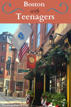 the boston with teenagers sign in front of an old brick building and flags flying outside