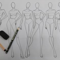 a drawing of a woman's body in three different poses, with a pencil next to it