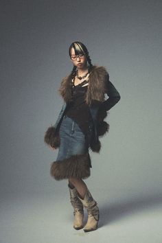 Pixie Rebels Asymmetric Fur Denim Skirt Clothing For Ocs, Jacket On Waist, 2000s High Fashion, Taking Off Jacket Reference, Heavy Winter Outfits, Jacket Over Shoulders, Outfits With Fur, 2000s Winter Outfits, Avant Garde Fashion Street