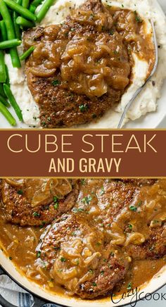 A collage of cube steak in a brown gravy with onions on mashed potatoes and in a skillet. Tender Cube Steak, Cubed Steak Recipes Easy, Steak And Gravy Recipe, Cube Steak Recipe, Beef Cube Steak Recipes, Beef Cubed Steak, Steak And Gravy, Over Mashed Potatoes