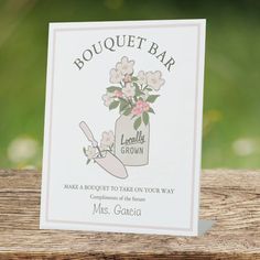 a greeting card with flowers in a mason jar and the words bouquet bar make a bouquet to take on your way