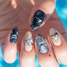 Cute Shark Nails, Shark Inspired Nails, Shark Themed Nails, Boy Nails Ideas, Mothman Nails, Shark Nail Designs, Silly Nails, Shark Nail Art, Shark Nails