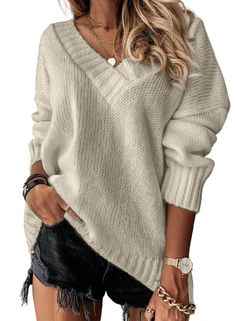 PRICES MAY VARY. Material:EVALESS oversized sweaters for women are made of cozy and soft material,it's comfy against the skin.womens sexy deep v neck sweaters is casual and laid back, perfect as daily wear. Features:women's fall knitted sweaters featuring sexy deep v neck,long sleeve,cable knit,solid color,loose fit style.this fashion pullover tops is made of good quality fabric to ensure you a comfy and cozy feeling.the knitted jumper sweaters is perfect for the chilly months. Match:womens casu Chique Outfit, Oversized Sweater Women, Solid Color Sweater, Pull Oversize, Casual Chique, Winter Pullover, Long Sleeve Pullover Sweater, Warm Sweaters, Long Sleeve Knit Tops