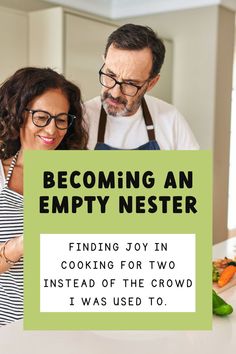 a man and woman standing in front of a sign that says becoming an empty nester