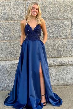 Blue Lace Prom Dress, Royal Blue Lace, Royal Blue Prom Dresses, Prom Dresses With Pockets, Spaghetti Strap Prom Dress, Lace Formal Dress, Blue Evening Dresses, Satin Prom Dress, Prom Dresses Lace