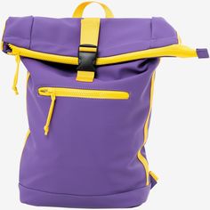 a purple backpack with yellow zippers on it