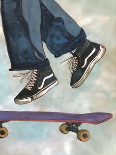 a painting of someone's feet and shoes on top of a skateboard in the air