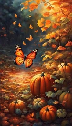 a painting of a butterfly flying over pumpkins in the fall forest with leaves on the ground