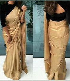 Golden Colour Saree, Saree With Black Blouse, Lycra Saree, Gorgeous Saree, Black Velvet Blouse, Bridal Suits, Golden Saree, Indian Sari Dress