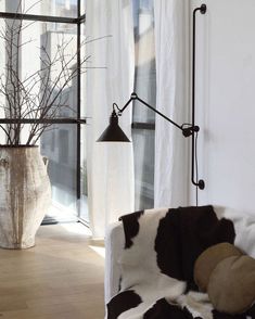 a cow print chair in front of a window with a lamp on the wall next to it