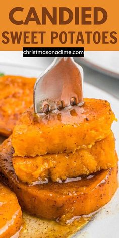 sweet potato cakes stacked on top of each other with a knife stuck in the middle