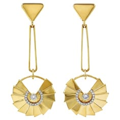 18k yellow gold triangles are the focus of these earrings. Beginning with an upturned triangle, a folded slender wire serves as a graceful, tapered link to a descending fan. With a circular wire base, layered triangles illustrate a spread fan. A half circle of brilliant cut diamonds revolve around a single diamond for an ornamented center. The total weight of the diamonds are 0.4 carats. Friction posts complete the earrings, which measure 1.03 inches (width) by 2.4 inches (length) by 0.21 inches Egyptian Inspired Jewelry, Fan Jewelry, Jewelry Design Drawing, David Webb, Malachite Jewelry, Harry Winston, Fan Earrings, Gold Jewellery Design Necklaces, Half Circle