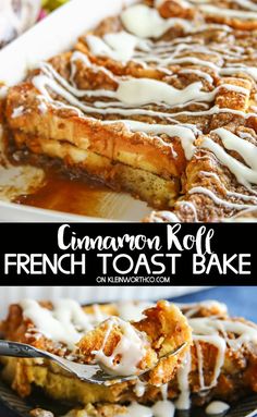 cinnamon roll french toast bake on a plate with a fork