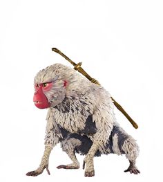 a monkey with a baseball bat on its back and red eyes, standing in front of a white background