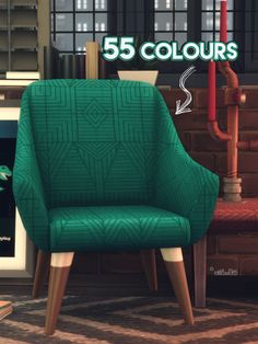 a green chair sitting in front of a fireplace with the words 55 colours on it