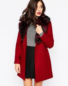 Warehouse Premium Faux Fur Collar Coat Faux Fur Collar Coat, Fur Collar Coat, Winter Trench Coat, Collar Coat, Wrap Coat, Red Coat, Faux Fur Collar, Fur Collar