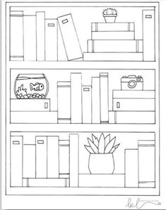 bookshelf coloring page with plants and books on the shelves in black and white