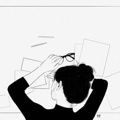 a drawing of a woman with glasses looking at pictures on the wall above her head