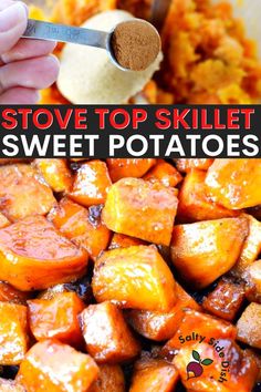 sweet potatoes in a white bowl with cinnamon on top and the words stovetop skillet sweet potatoes above it