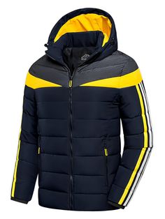 Yellow Hooded Jacket With Pockets For Winter, Yellow Hooded Winter Jacket With Pockets, Navy Hooded Puffer Jacket With Pockets, Navy Hooded Puffer Jacket For Winter, Navy Hooded Winter Puffer Jacket, Navy Outdoor Puffer Jacket With Pockets, Yellow Windbreaker With Detachable Hood For Winter, Navy Hooded Jacket With Pockets For Winter, Pocket Pattern