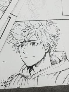 a drawing of an anime character with curly hair and eyes looking to the side, next to some other drawings