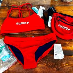 Official Lifeguard Bikini With Everything You Need To Be An Official Lifeguard. Fitted Red Swimwear For Water Sports, Red Beachwear For Water Sports, Red Sports Swimwear For Beach Season, Lifeguard Outfit, Strap Swimwear, Underwire Tankini Tops, Sport Bikinis, Yellow Swimsuits, Tankini Swimsuit Top