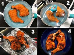 four pictures showing how to cook chicken in a frying pan