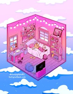 an illustration of a bedroom in the shape of a house with pink walls and floors