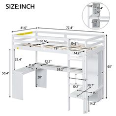 the measurements for a loft bed with desk and shelves in white, shown from top to bottom