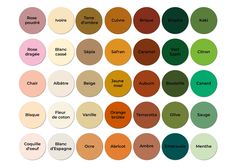 the color chart for different shades of green, orange, yellow and pink with names on them